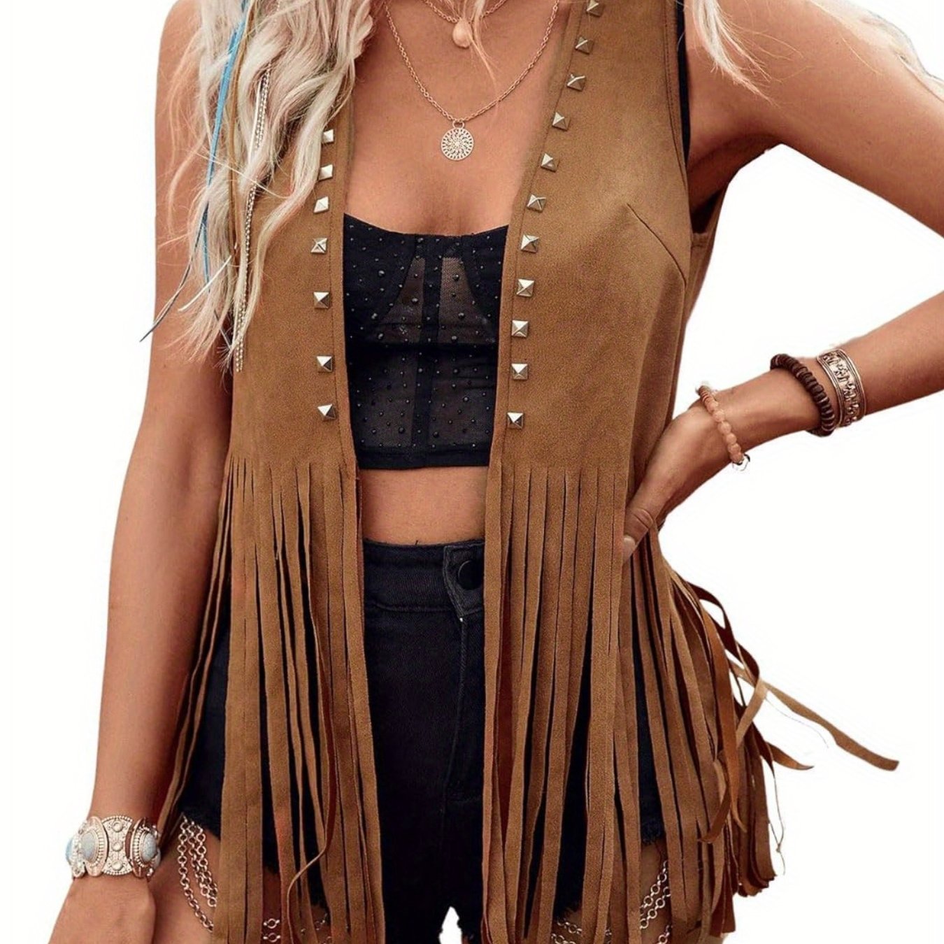 Summer Outfits For Women Rivet Tassel Vest Open Front Sleeveless Faux Suede Vest Jacket Hippie Costumes