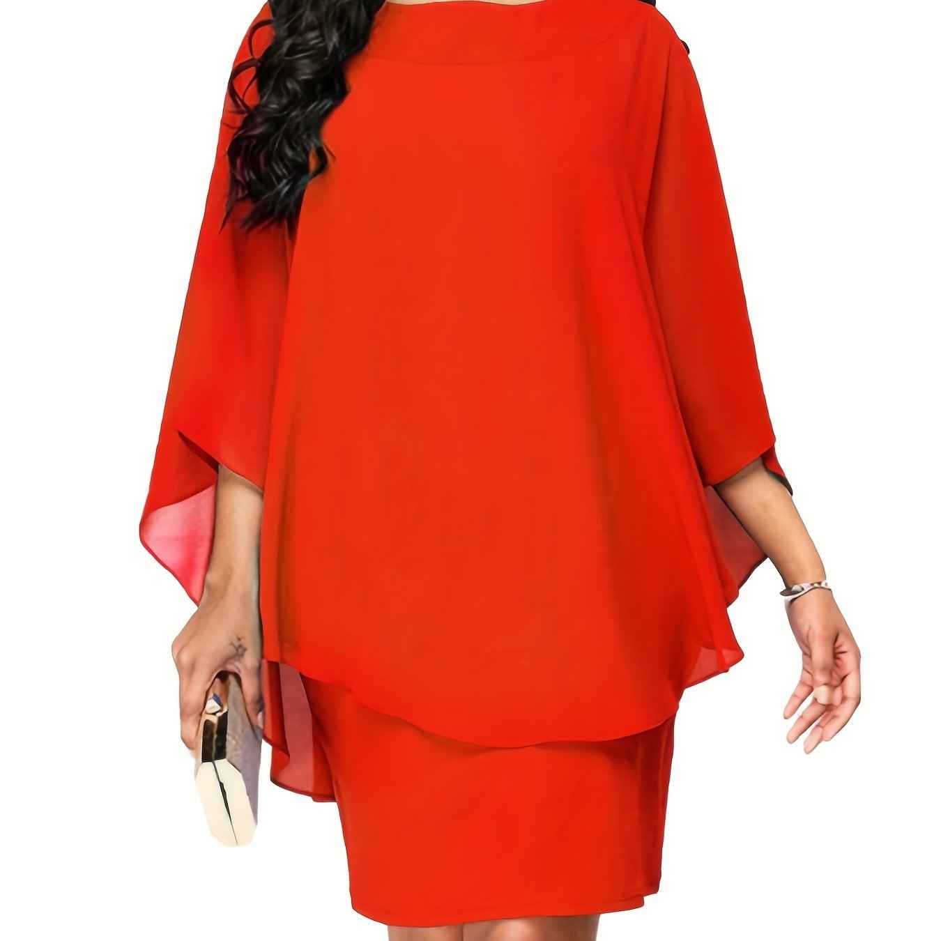 Plus Size, Plus Size Women's Classic Solid Color Cover-Up Faux Two-Piece Blouse Chiffon Dress