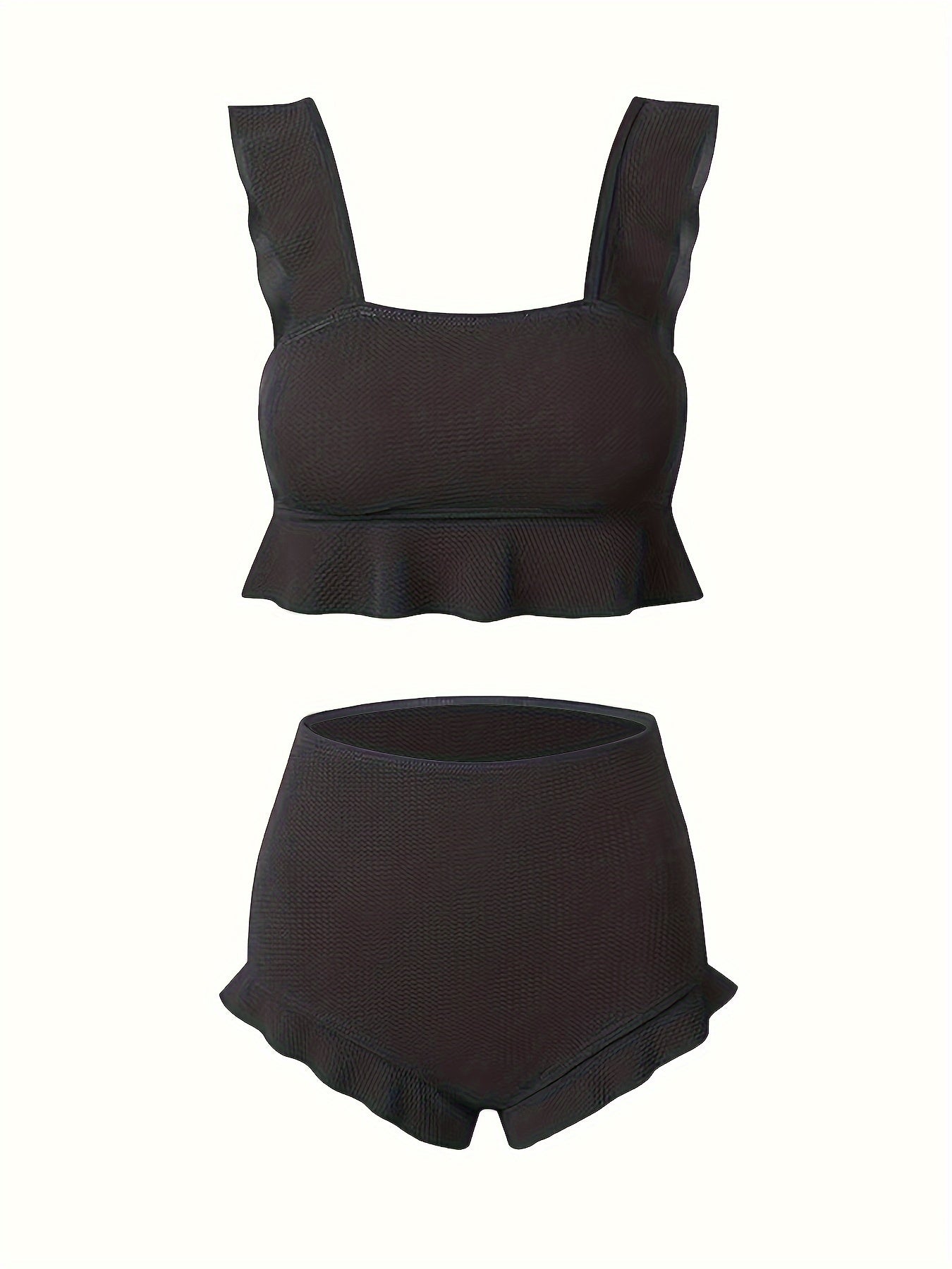 Bikini Donna 2 Pezzi Nero Vita Alta - Bordi Ruffle Elastico Tinta Unita