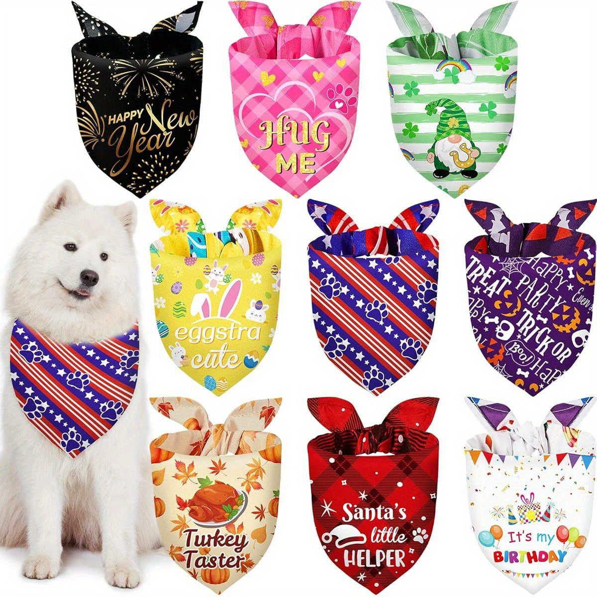9pcs Adjustable and Washable Patriotic Holiday Bandanas for Large Dogs - Perfect for Birthday Costumes!