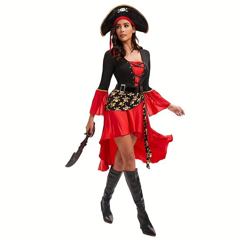 Costume Pirata Donna Rosso – Vestito Halloween con Cintura e Cappello