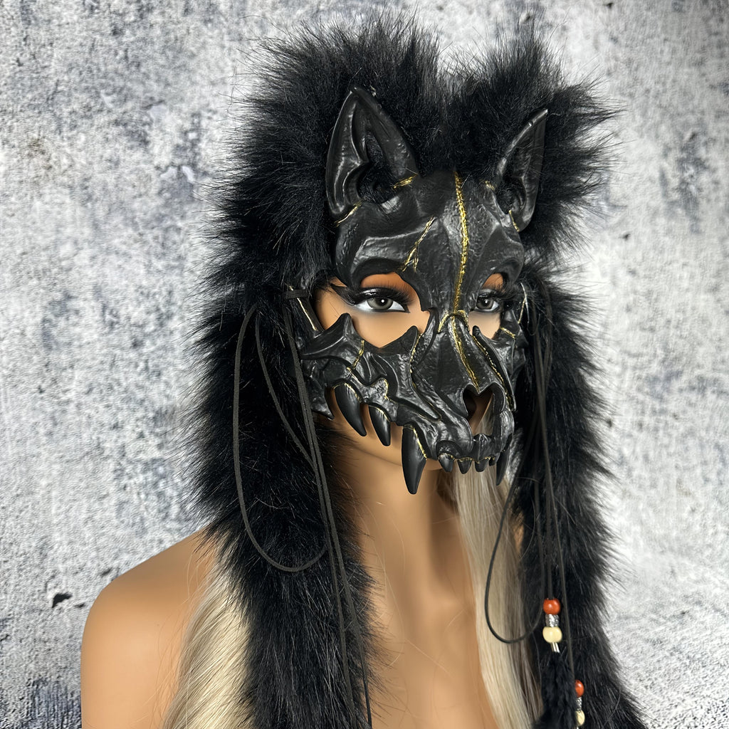 [Viking Warrior Mask] Viking Warrior and Wolf Mask with Faux Fur Headpiece | Carnival, Halloween, Winter Novelty Costume - No Battery