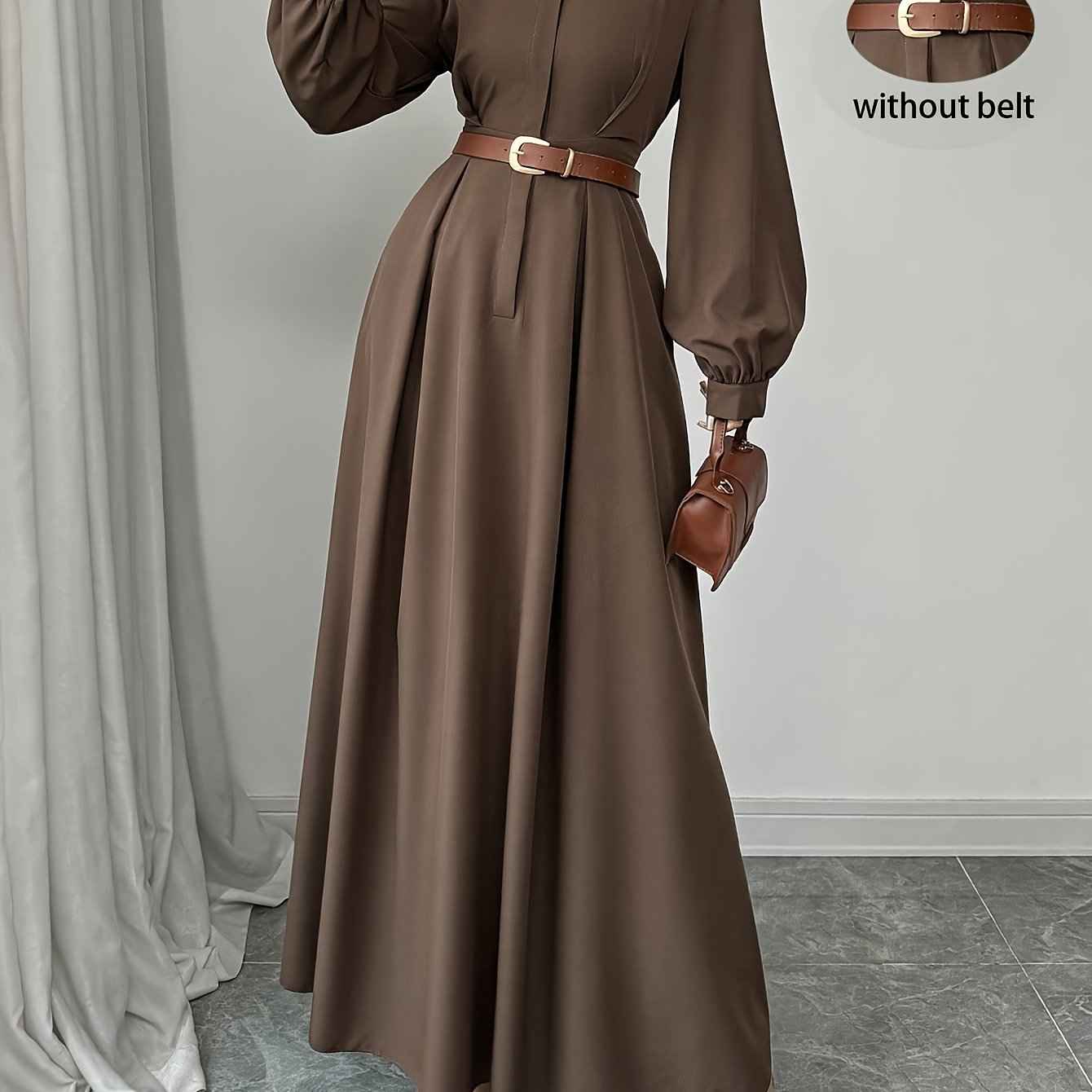 Ladies' Elegant Commuter Solid Color Lantern Sleeve Dress, Autumn Long Women Clothing Without Belt, Office Attire Dress, Daily Wear Dress, Non Belted Dress, Solid Color Dress, Minimalist Aesthetic, Solid Color Style, Tailored