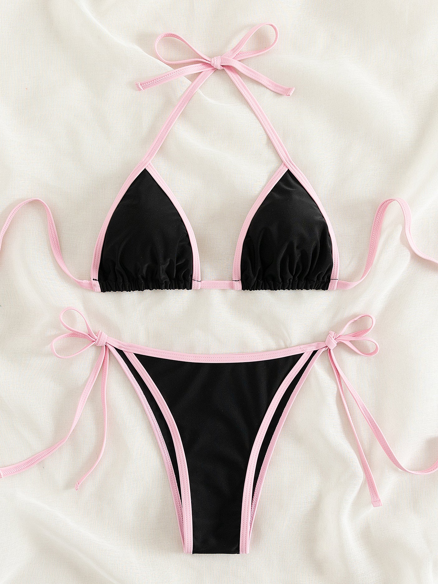 Bikini Donna 2 Pezzi Bordi Contrasto - Triangolo Halter Laccetti Laterali Elastico