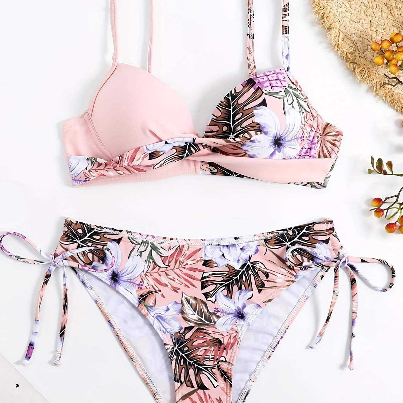 Bikini Donna 2 Pezzi Tropicale High Cut - Collo V Spalline Arricciate Laccetti