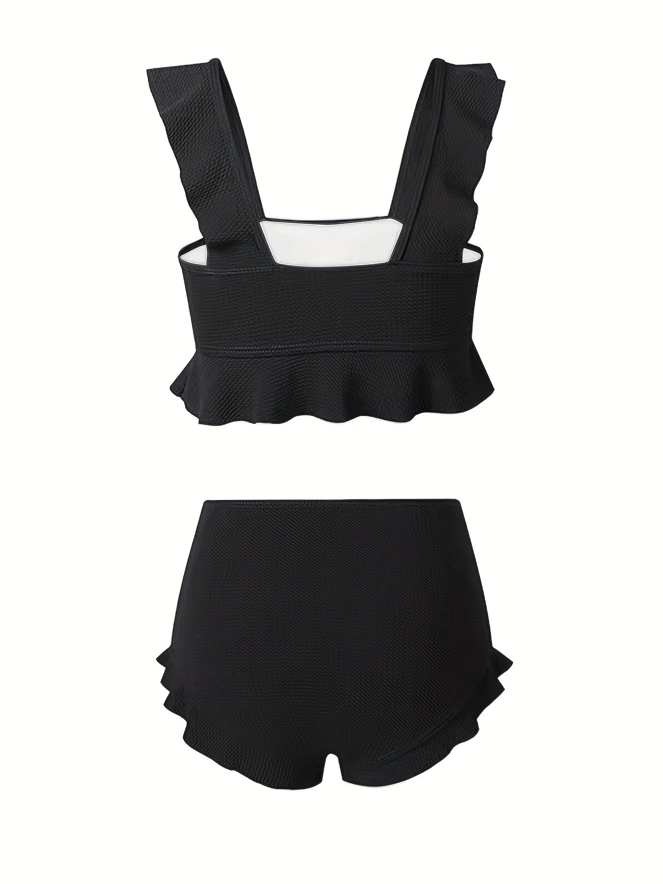 Bikini Donna 2 Pezzi Nero Vita Alta - Bordi Ruffle Elastico Tinta Unita