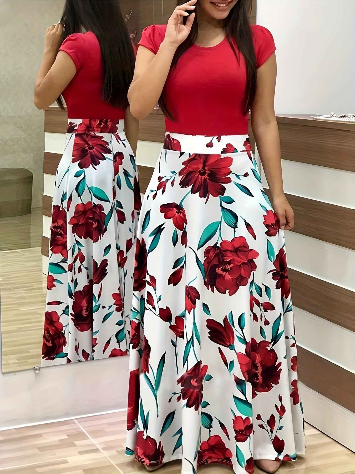 Women'S Plus Size Floral Print Red Colorblock Midi Dress with Short Sleeves - Elegant Crew Neck, Medium Stretch Polyester Fabric, Perfect for All Seasons