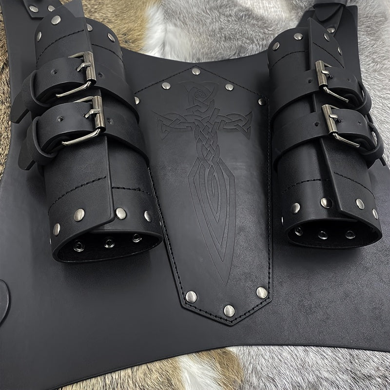 Medieval Viking-Inspired PU Leather Sword Sheath - Adjustable Renaissance Knight & Mercenary Dual Back Scabbard for Halloween, LARP, and Stage Costumes