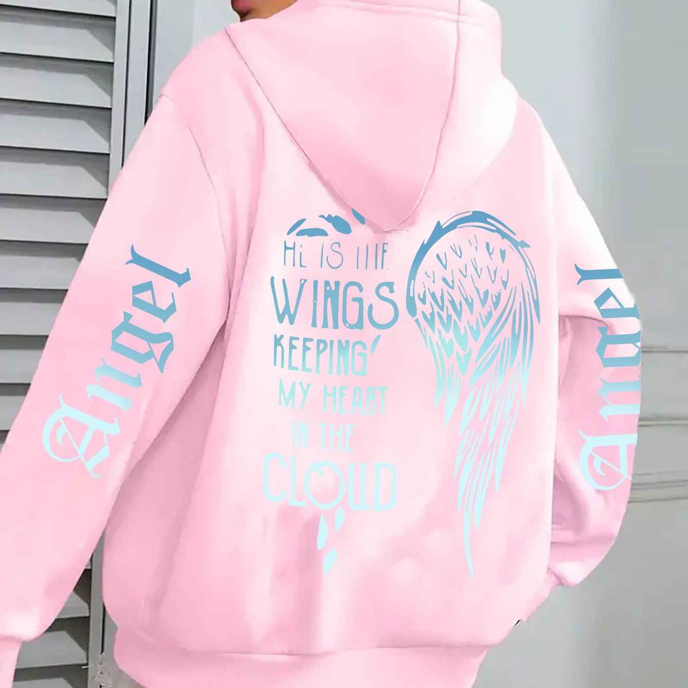 Women's Angel Wing Zipper Hoodie Jacket with Back Print "His Wings Keep Me in the Cloud" - Blue & White Gradient Wings & Lettering, Long Sleeve Front Zip Closure, Machine Washable Winter Coat, Comfortable Casual Outerwear for