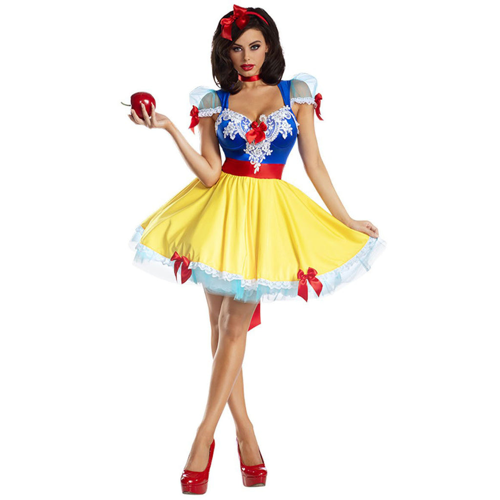 Plus Size Women's Officially Licensed Snow White Costume Dress - Adult Tale Party Outfit with Iconic Blue/Yellow/Pink Bow & Red Ribbon Belt, Lace Trim - Complete Character Costume for Halloween, Cosplay Events, Halloween Cost