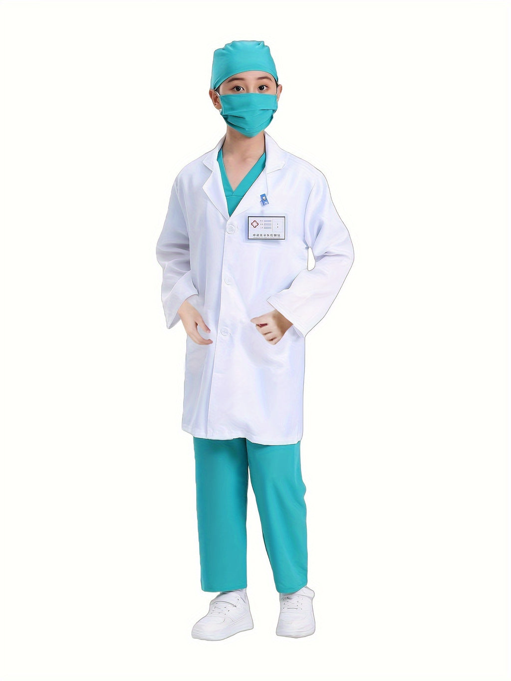 Set Costume Medico Bambini – 6 Pezzi Grembiule, Pantaloni, Cappello, Maschera, Cartellino Nome e Giacca Ricamata