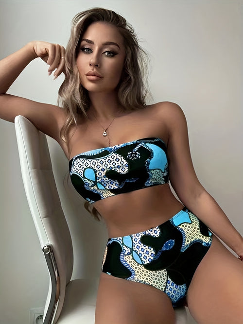 Bikini Donna 2 Pezzi Bandeau Geometrico - Tube Top High Cut Elastico