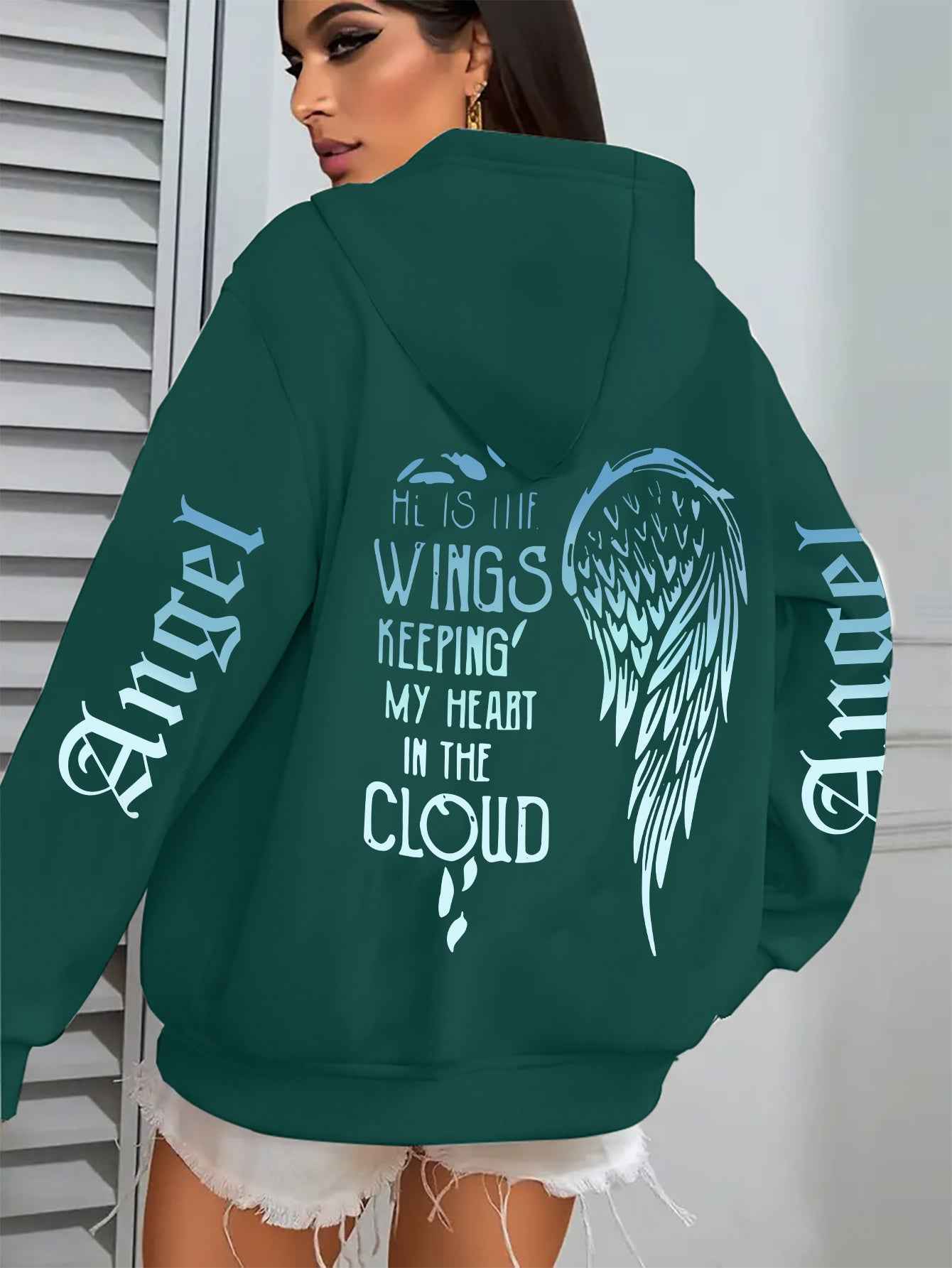 Women's Angel Wing Zipper Hoodie Jacket with Back Print "His Wings Keep Me in the Cloud" - Blue & White Gradient Wings & Lettering, Long Sleeve Front Zip Closure, Machine Washable Winter Coat, Comfortable Casual Outerwear for