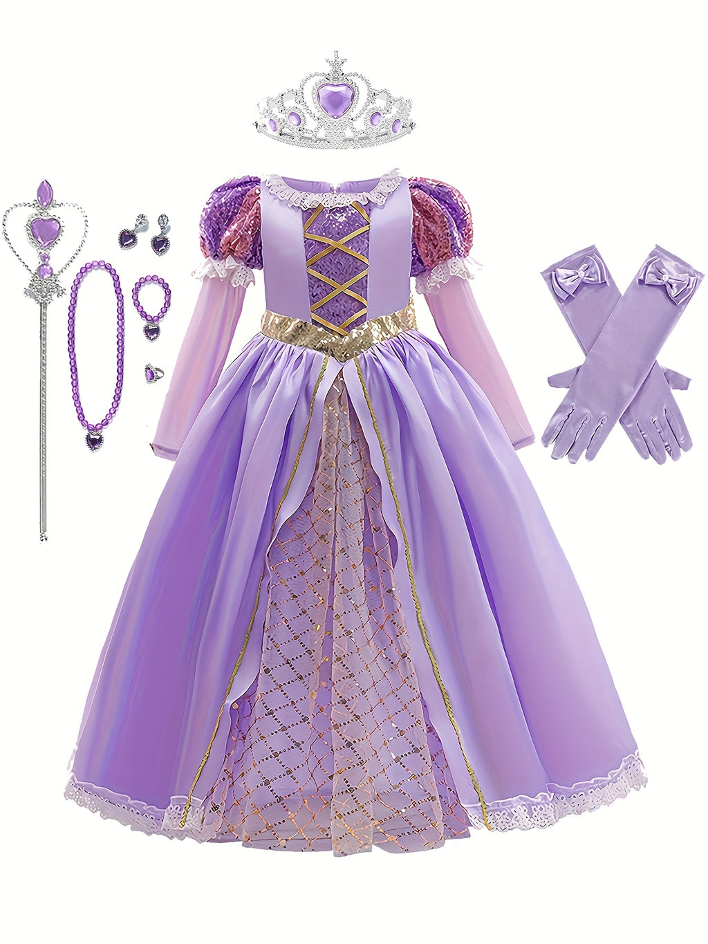 Vestito Principessa Viola con Tiara Dorata – Costume Bambina per Halloween e Feste