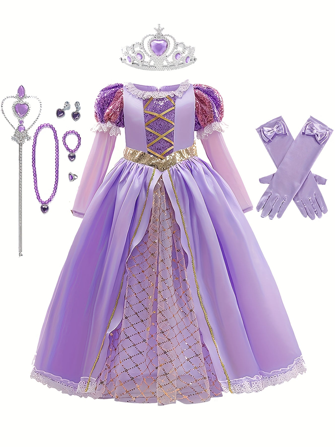 Vestito Principessa Viola con Tiara Dorata – Costume Bambina per Halloween e Feste