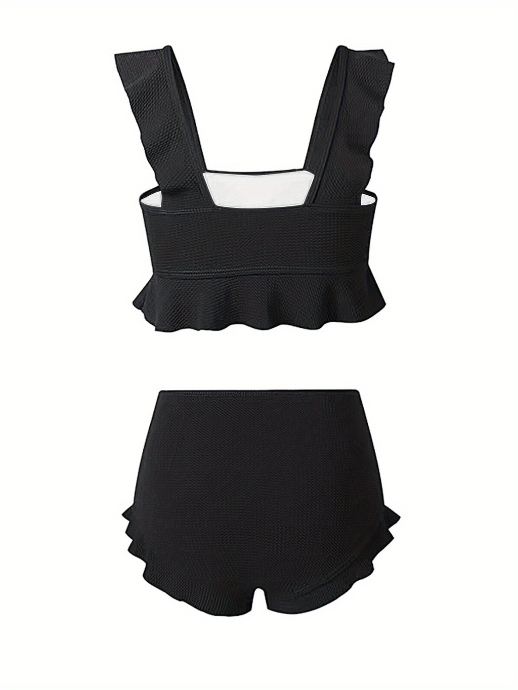 Bikini Donna 2 Pezzi Nero Vita Alta - Bordi Ruffle Elastico Tinta Unita