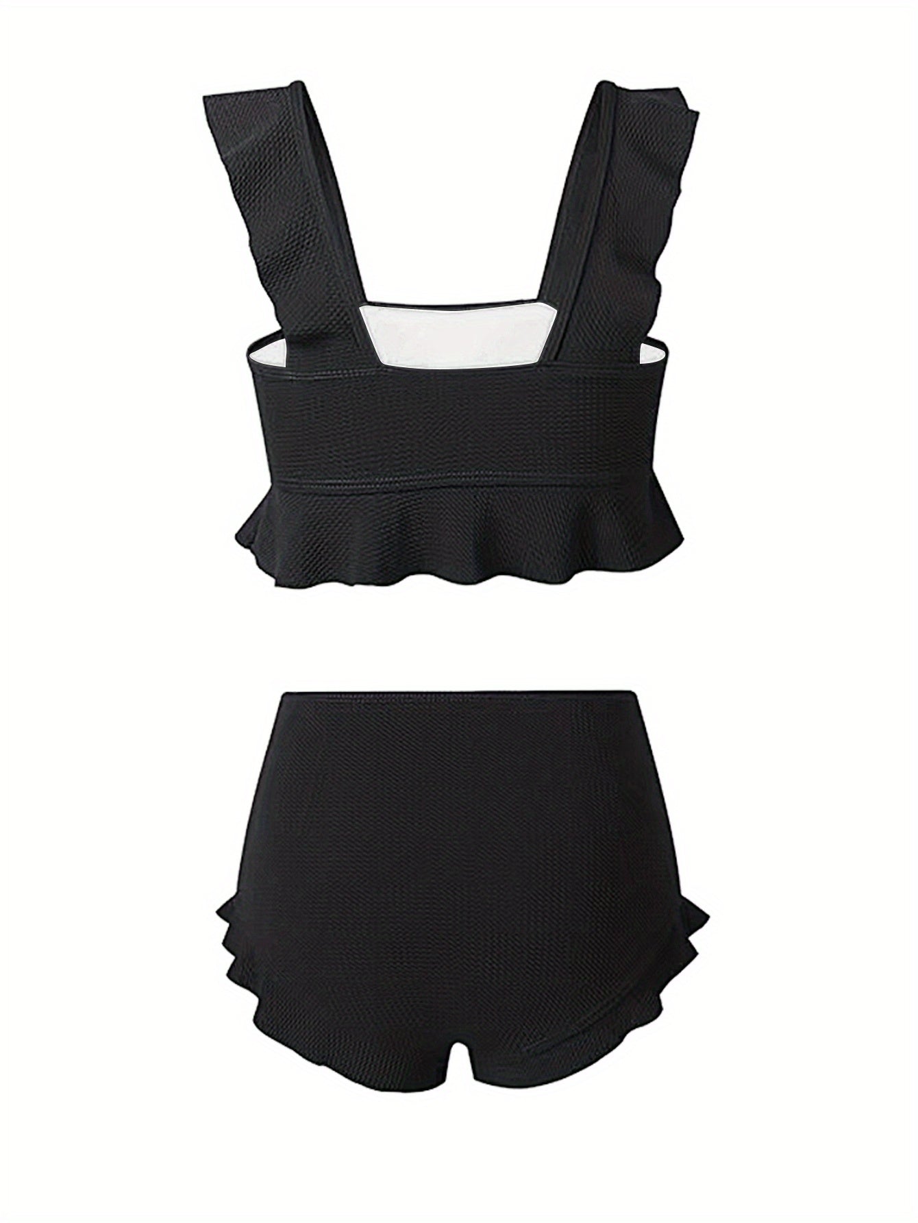Bikini Donna 2 Pezzi Nero Vita Alta - Bordi Ruffle Elastico Tinta Unita