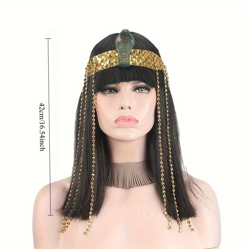 Women's Egyptian Queen Costume Wig with Headpiece - Straight Black Synthetic Hair with Bangs & Golden Accents, Nefertiti-Inspired Ancient Egyptian Makeup Look for Halloween, Themed Parties, Cosplay - Comfortable & Durable for
