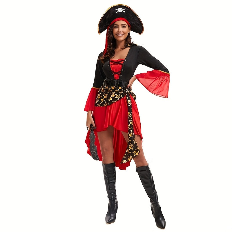 Costume Pirata Donna Rosso – Vestito Halloween con Cintura e Cappello