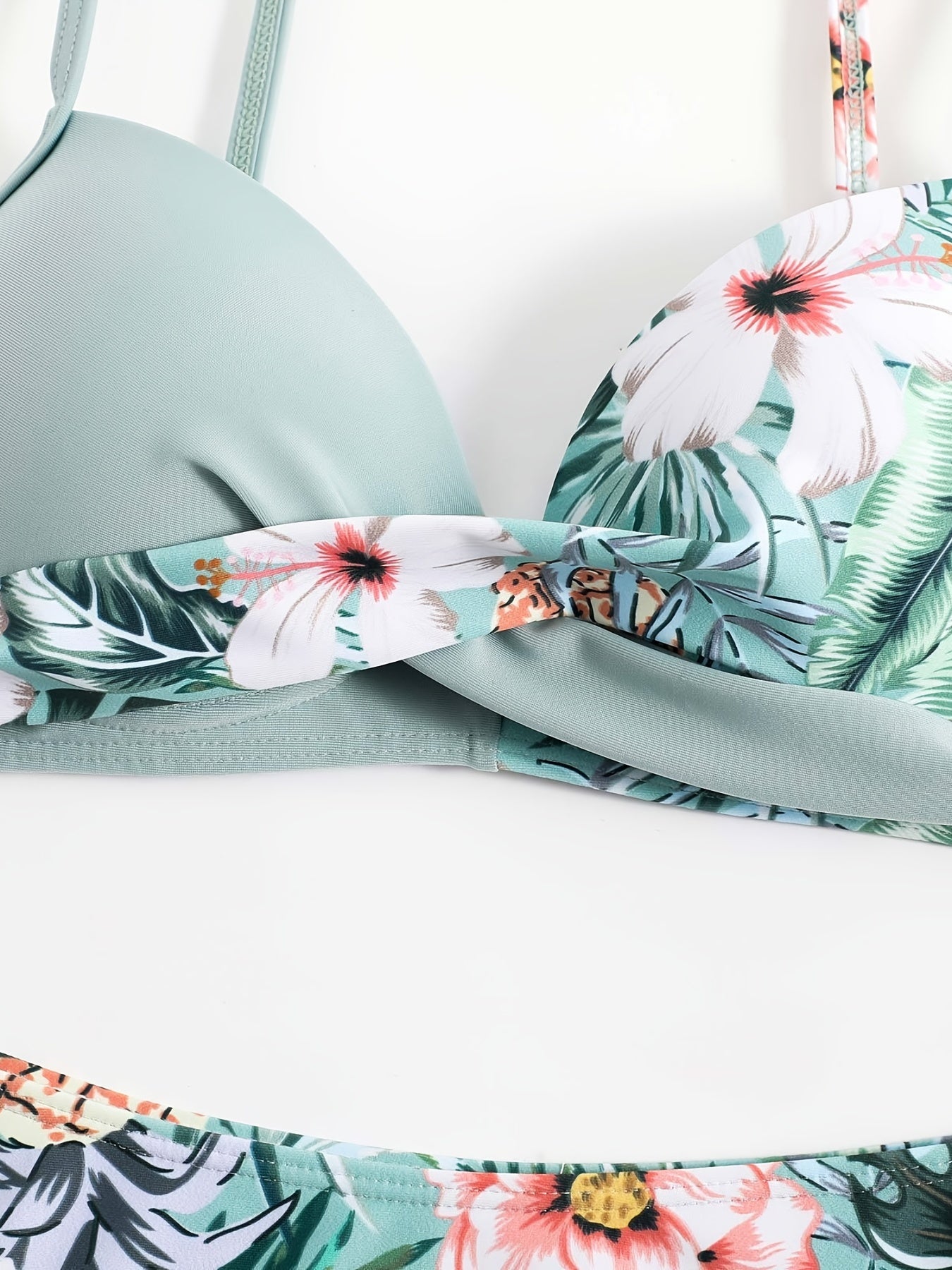 Bikini Donna 2 Pezzi Tropicale High Cut - Collo V Spalline Arricciate Laccetti