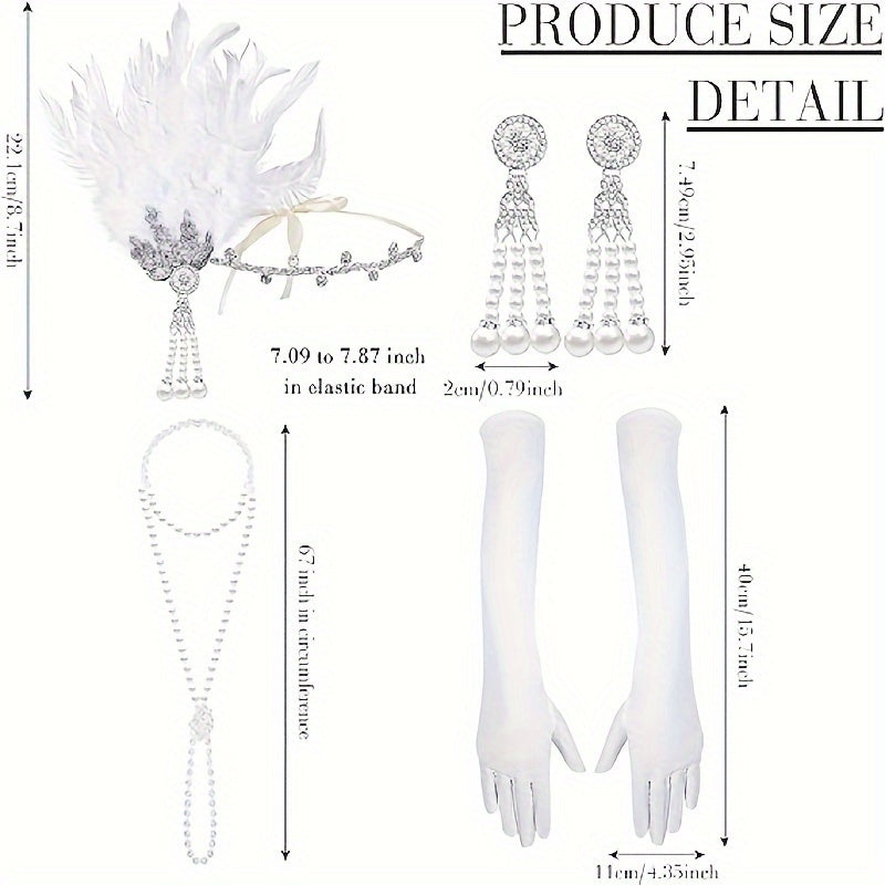 6pcs Women's 1920s Flapper Dress & Accessories Set - Vintage Roaring Twenties Costume with Headband, Necklace, Earrings, Gloves, Feather Boa & Beaded Necklace - X-Large White Fringe Dress with Layered Neckline & Long Sleeves