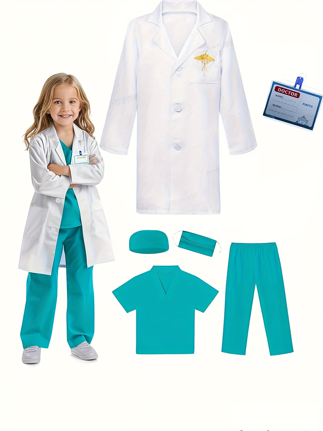 Set Costume Medico Bambini – 6 Pezzi Grembiule, Pantaloni, Cappello, Maschera, Cartellino Nome e Giacca Ricamata