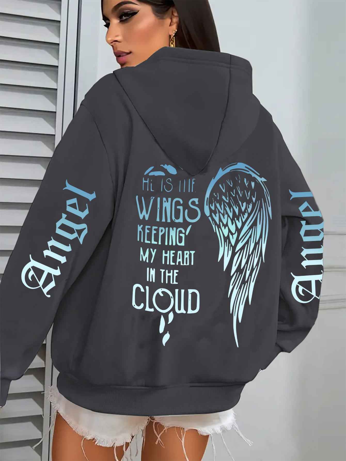 Women's Angel Wing Zipper Hoodie Jacket with Back Print "His Wings Keep Me in the Cloud" - Blue & White Gradient Wings & Lettering, Long Sleeve Front Zip Closure, Machine Washable Winter Coat, Comfortable Casual Outerwear for