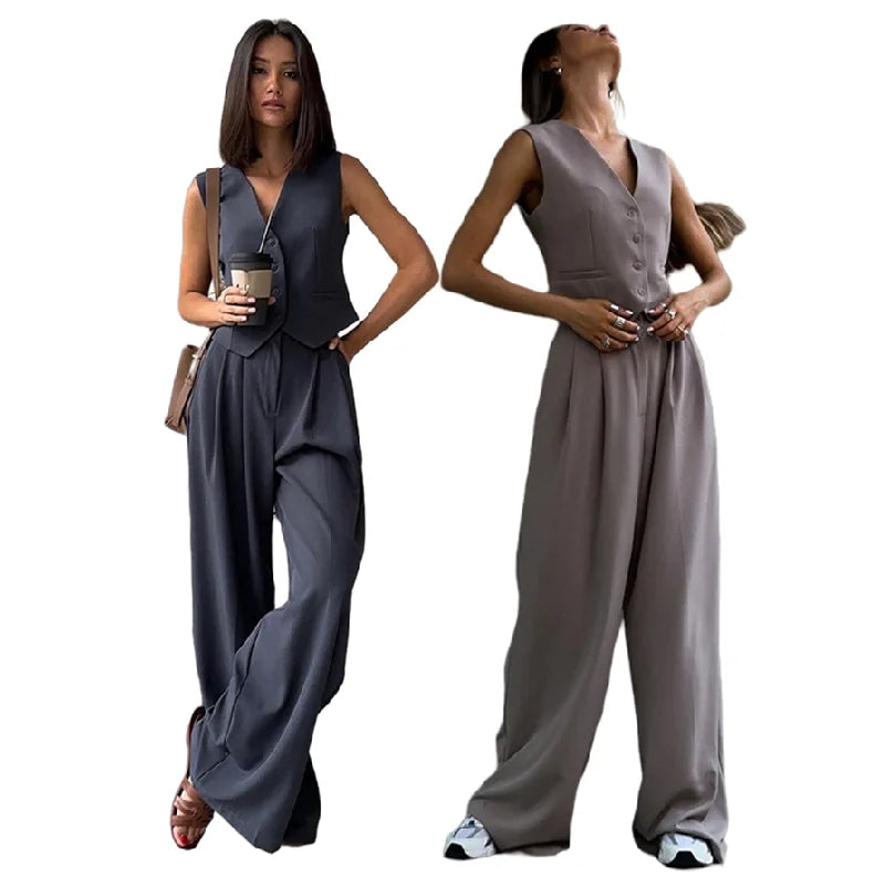 C0407 Trendy Two Piece Set Women Clothing Ladies Suit Office Wear Waistcoats and Wide Leg Pants Set 2 Piece Outfits for Women