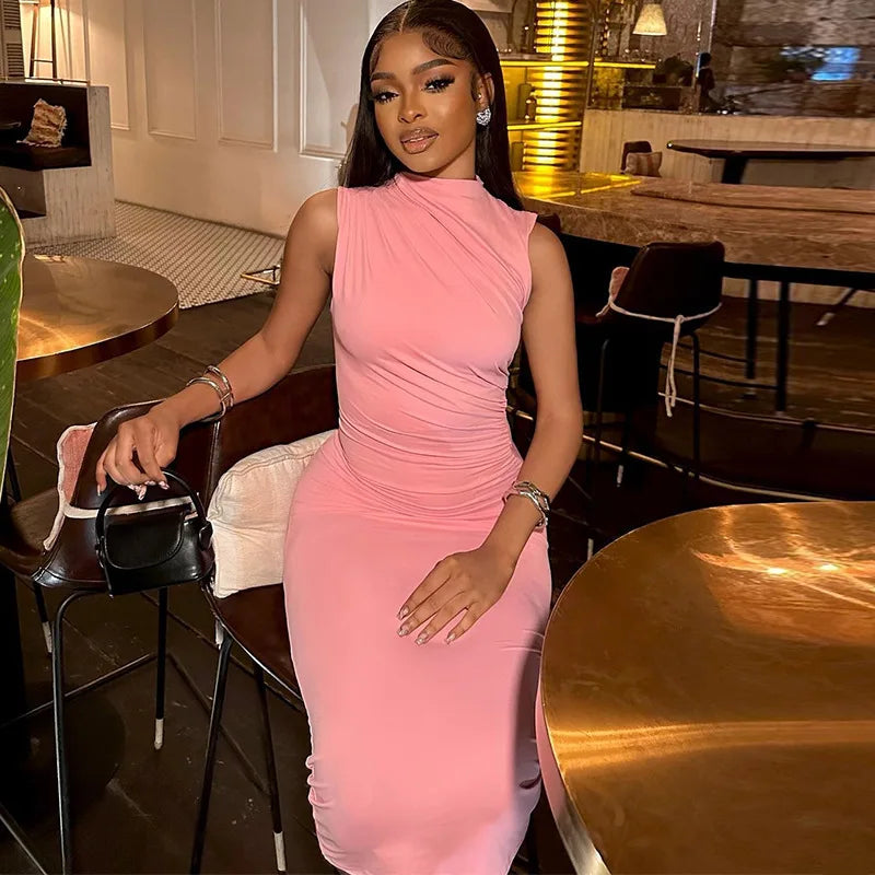 Spring Summer Long Dress Waist Ruched Casual Dresses Women Clothing