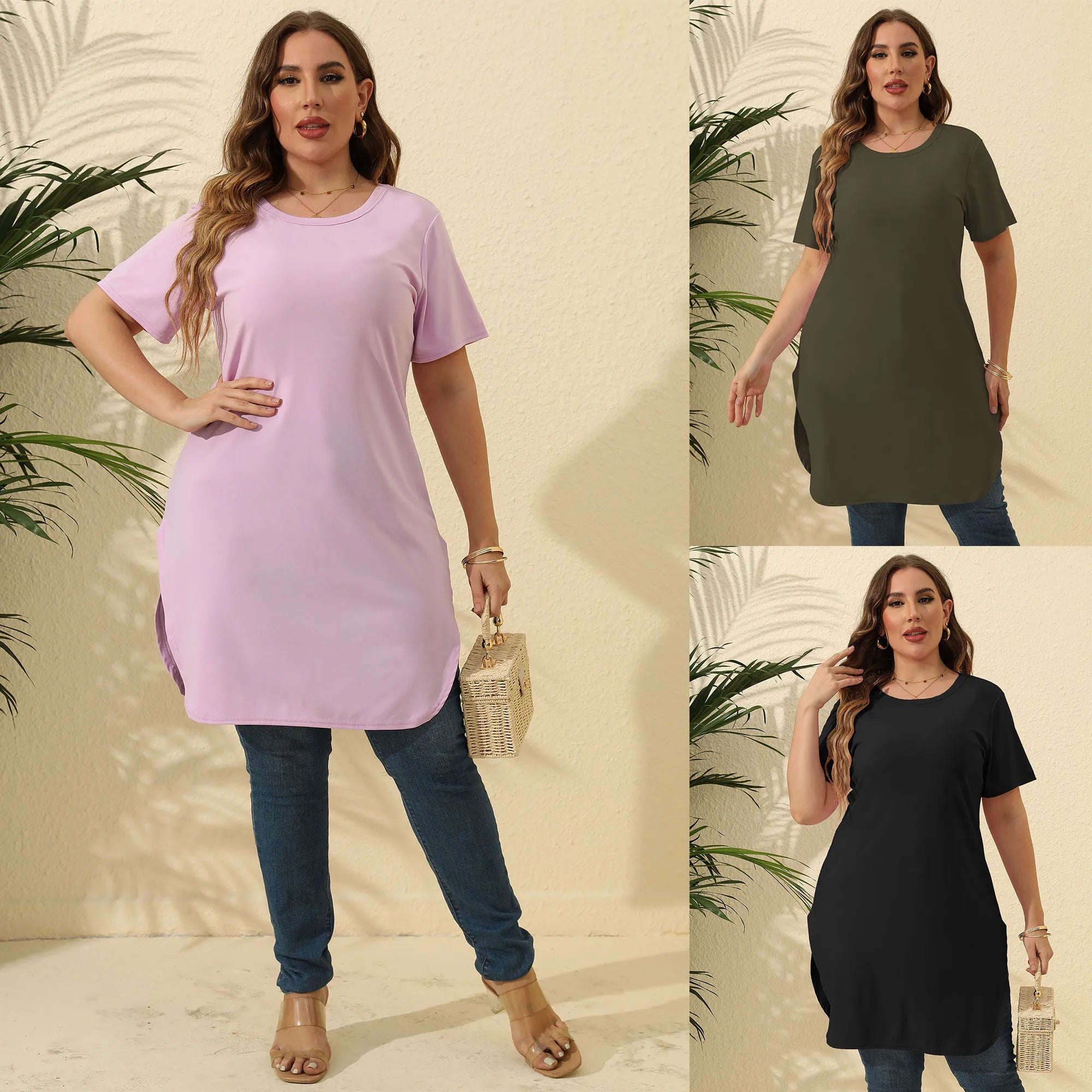 2024 Loose Oversized Women Clothing Skirts Summer Short Sleeve Plain Casual T-Shirt Knee Length Plus Size  Womens Tshirt Dress
