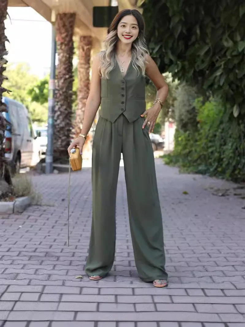 C0407 Trendy Two Piece Set Women Clothing Ladies Suit Office Wear Waistcoats and Wide Leg Pants Set 2 Piece Outfits for Women