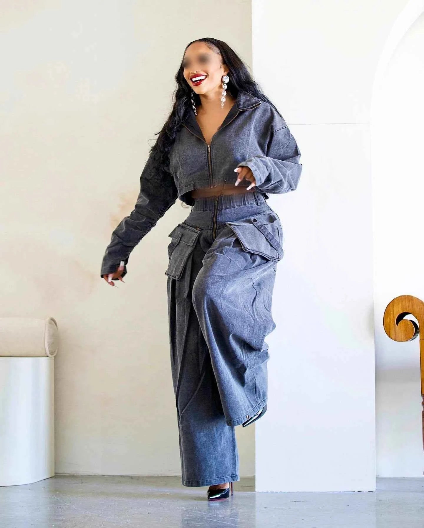 51015 Denim Jacket Multiple Pockets Zipper Jeans Baggy High Waist Cargo Distress Jeans Two Piece Set Women Clothing