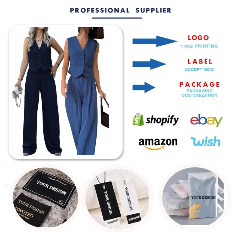 C0407 Trendy Two Piece Set Women Clothing Ladies Suit Office Wear Waistcoats and Wide Leg Pants Set 2 Piece Outfits for Women