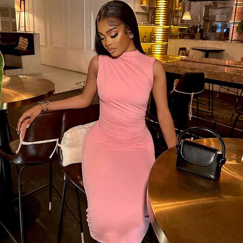 Spring Summer Long Dress Waist Ruched Casual Dresses Women Clothing