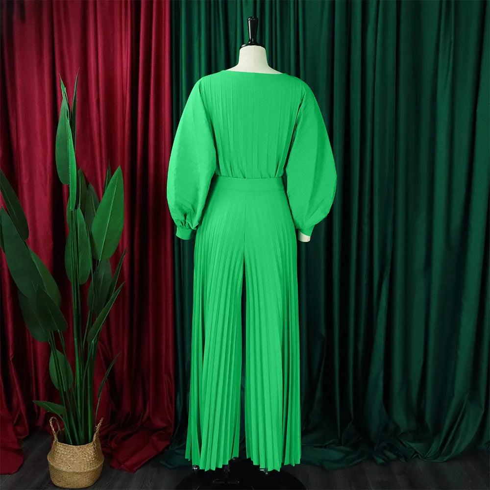 C8531 Latest Design Loose Summer Outfits Wor Women Casual Shirt Top Wide Leg Pants Set Pleated Two Piece Set Women Clothing