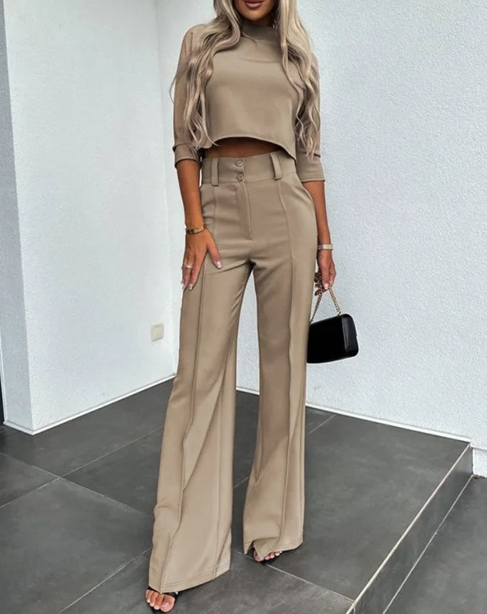 C0308 Latest Design Office Outfits for Women Half Sleeve O-neck Top + High Waist Wide Leg Pants Set Two Piece Set Women Clothing