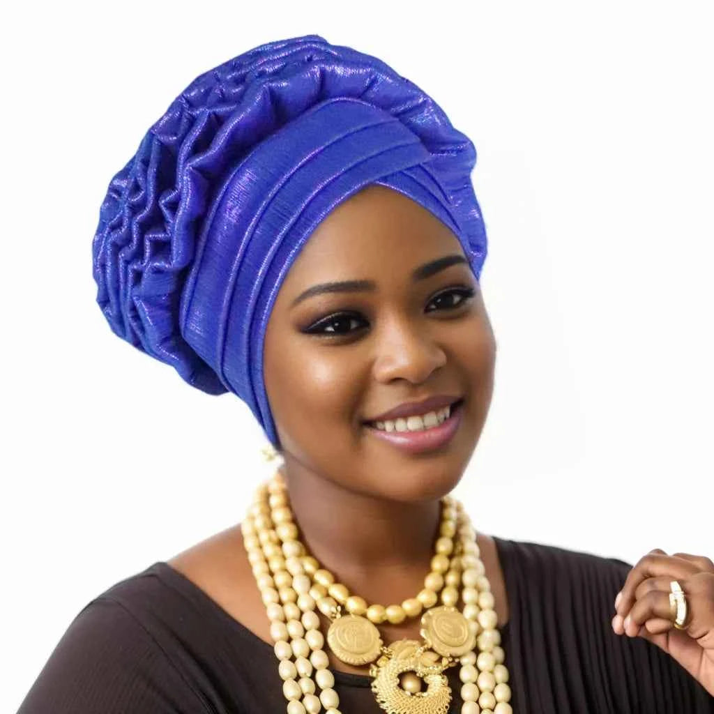 New Fashion African Auto Gele Headties Muslim Glitter Ruffled Turban Hijab Bonnet Nigerian Wedding Festival Baotou Hat for Woman
