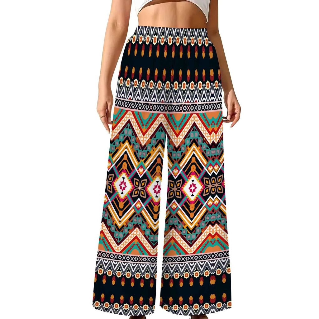 Women's Summer Wide Leg Pants African High Wasited Baggy Palazzo Pants Casual Bell Bottom Elastic Waist Pants