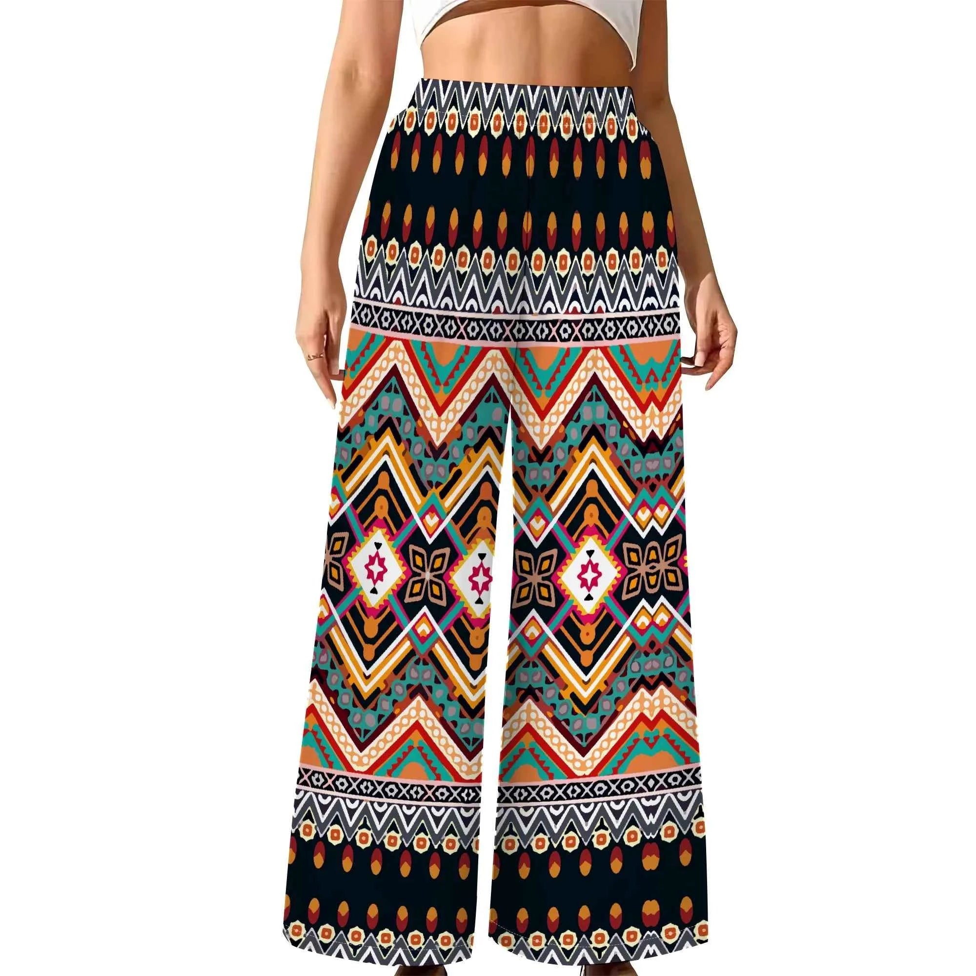 Women's Summer Wide Leg Pants African High Wasited Baggy Palazzo Pants Casual Bell Bottom Elastic Waist Pants