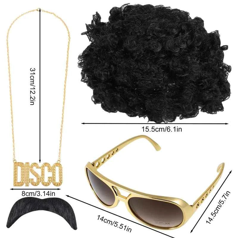 African Men's Synthetic Wig 3/4-Piece Set Afro Kinky Curly Wig Glasses Necklace Beard 70s 80s Disco Theme Party Costume Wig