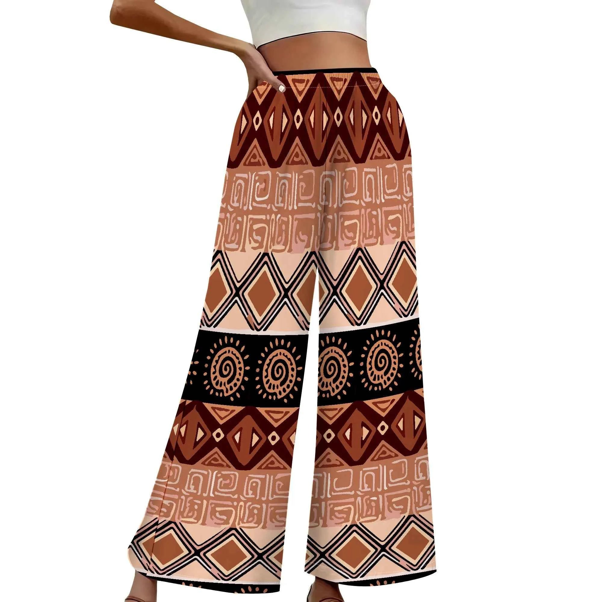 Women's Summer Wide Leg Pants African High Wasited Baggy Palazzo Pants Casual Bell Bottom Elastic Waist Pants