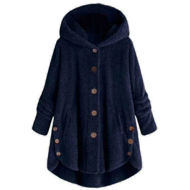 Winter Women's Coat Cute Cats Ears Velvet Hooded Irregular Hem Buttons Plush Jacket Fleece Oversized Hoodie Coat