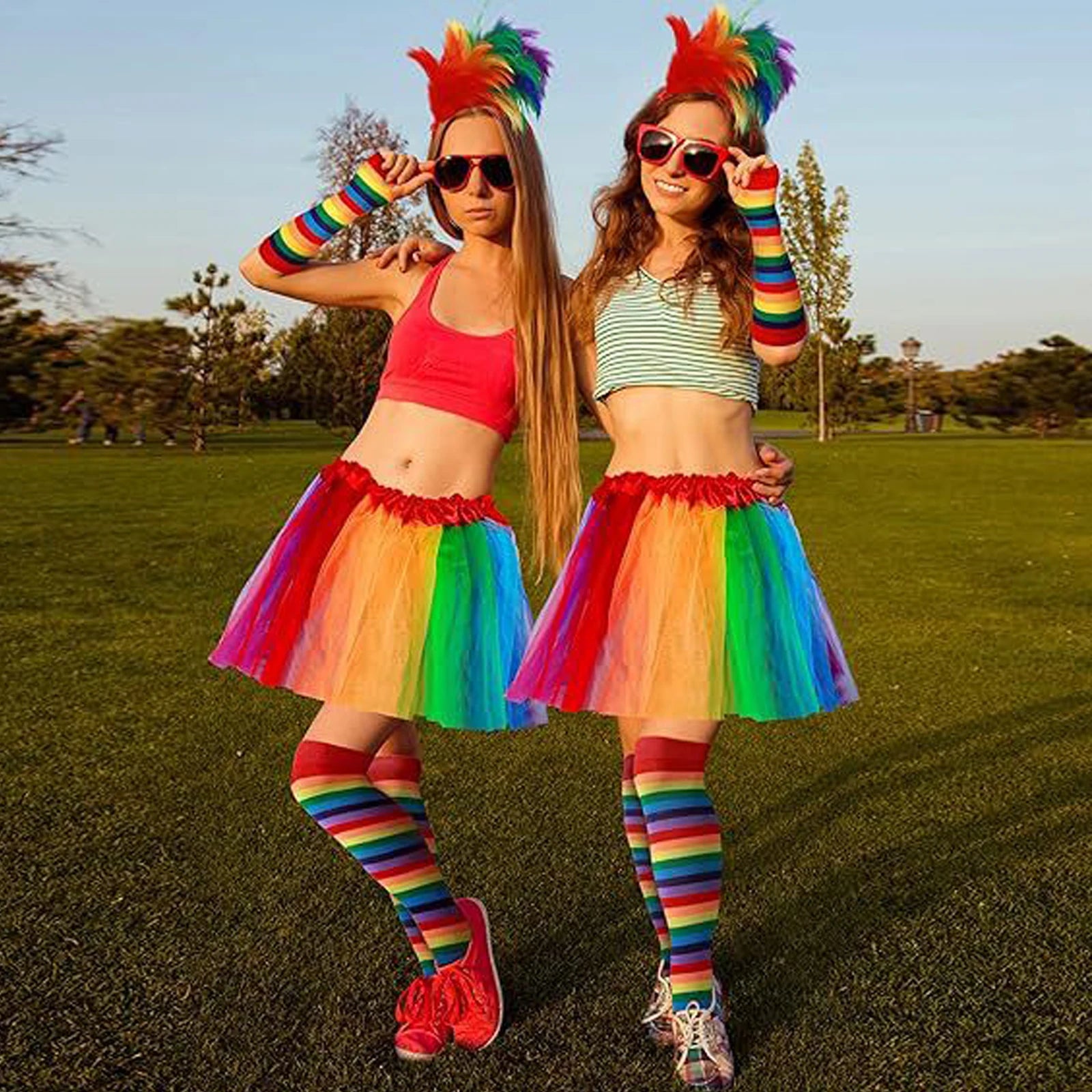 ostume Carnevale Donna - Gonna Chiffon Midi con Fascia Piume e Calze a Righe per Spettacoli