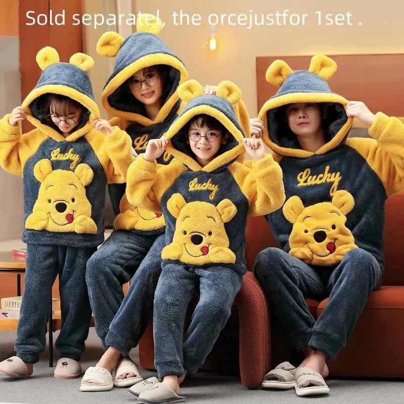 Cartoon Pajamas For Autumn And Winter Thickened And Warm Suitable For External Wear Parent-child Outfit  Hooded Set Home Wear