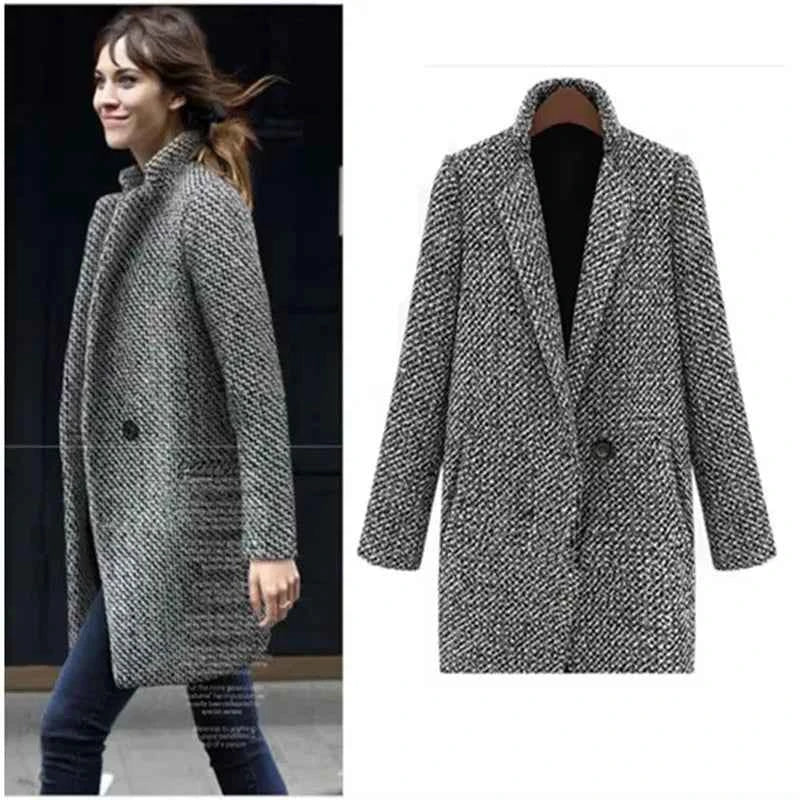 Women's Woolen Coat  Arrive European Female Spring European Leg Houndstooth Windbreaker Jacket Plus Size Long Winter Coat