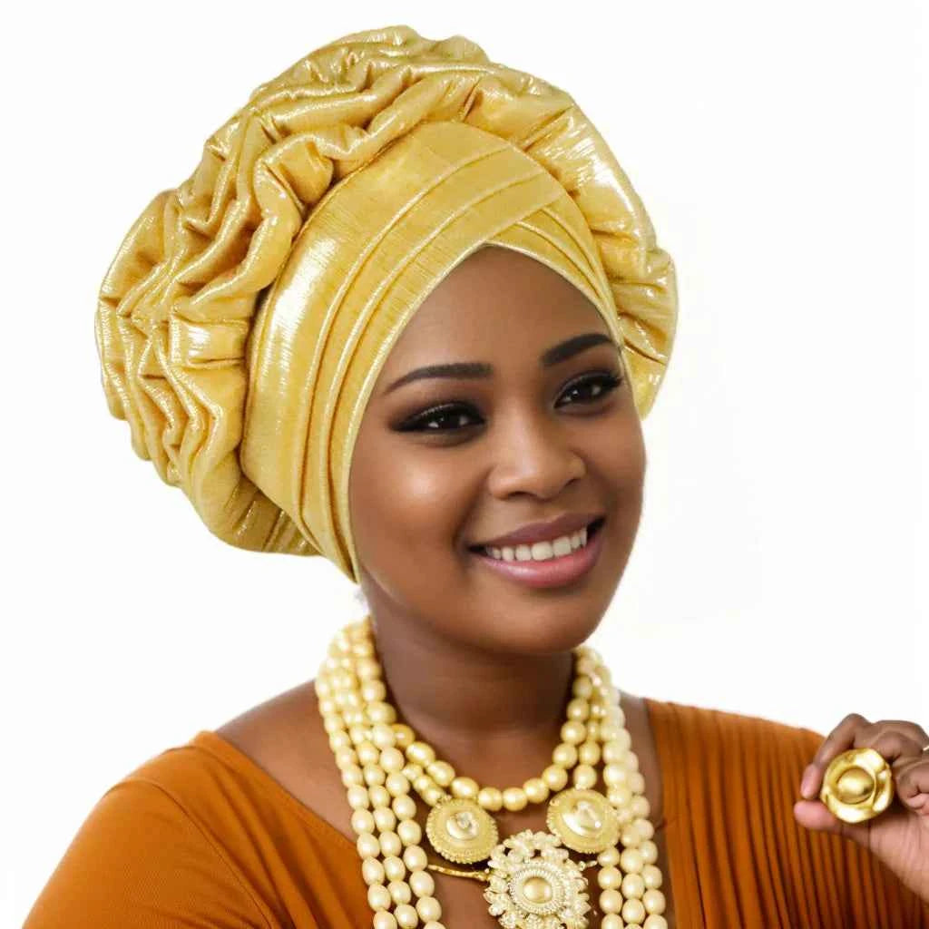 New Fashion African Auto Gele Headties Muslim Glitter Ruffled Turban Hijab Bonnet Nigerian Wedding Festival Baotou Hat for Woman