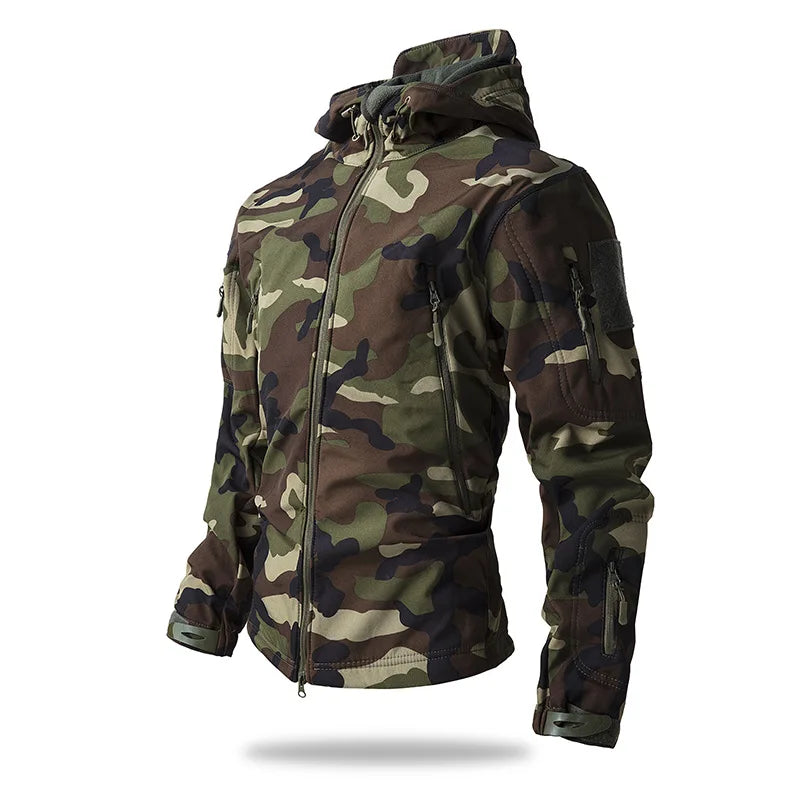 Men's Tactical Training Jacket Outdoor Camouflage Fleece Lined Soft Shell Windproof Waterproof Breathable Hiking Climbing Cam...