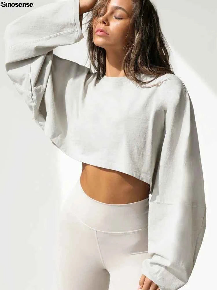 Women Crewneck Cropped Sweatshirt Long Sleeve Crop Tops Casual Loose Fit Athletic Gym Yoga Sport Workout Crop Sweatshirt Tops