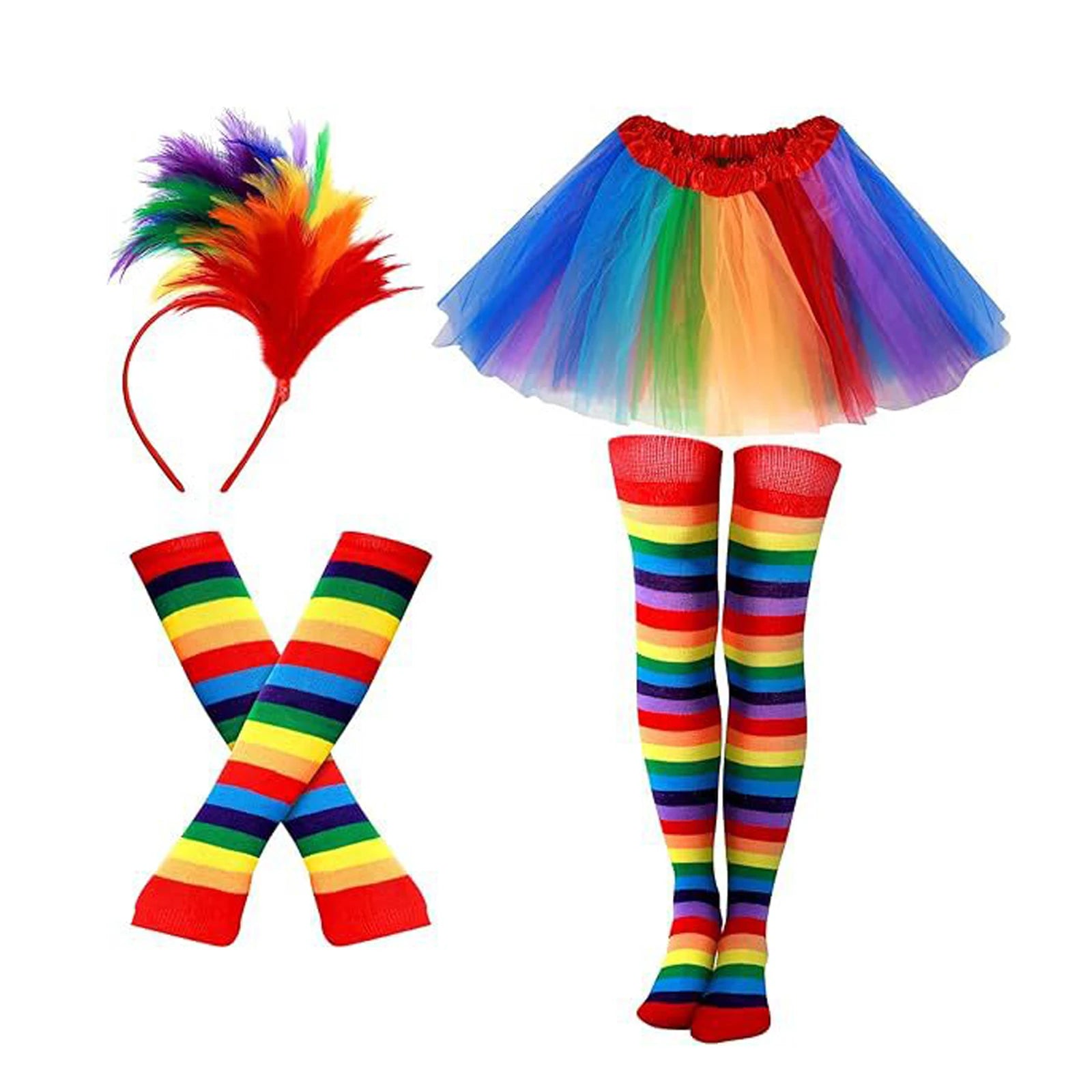 ostume Carnevale Donna - Gonna Chiffon Midi con Fascia Piume e Calze a Righe per Spettacoli