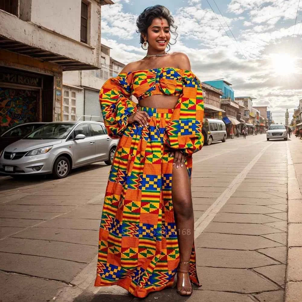 Fashion African National Women Two Piece Set Sexy Slash-neck Long Sleeve Tops +High Slit Maxi Skirt Ladies Suit Africa Clothing